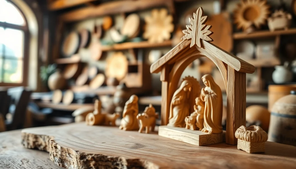 Hand-carved olive wood carvings displayed elegantly, highlighting craftsmanship and intricate details.