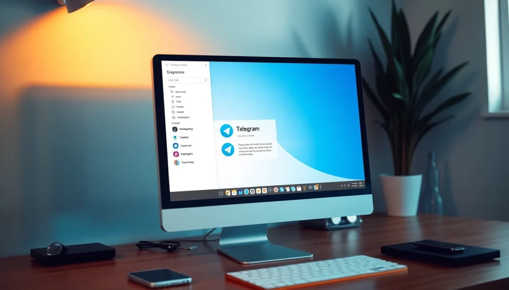 Download Telegram电脑版 on a desktop screen with a sleek interface and accessories.