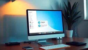 Download Telegram电脑版 on a desktop screen with a sleek interface and accessories.