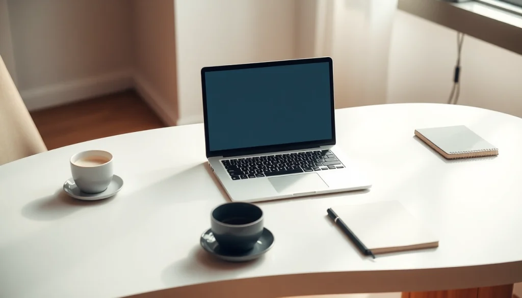 Download line電腦版官方下載 with a sleek laptop setup on a stylish desk.