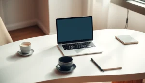 Download line電腦版官方下載 with a sleek laptop setup on a stylish desk.
