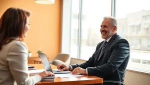 Car accident lawyer los angeles advising a client in a bright office setting, showcasing professionalism.