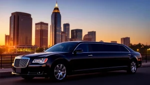 Book our premium car service Atlanta with a luxurious black limousine against the city skyline.