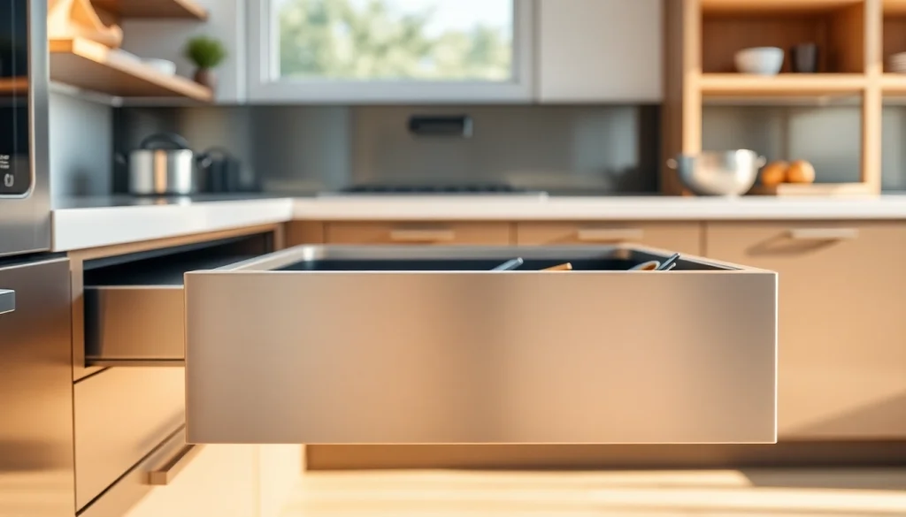 Showcasing a high-quality metal drawer system in a modern kitchen environment.