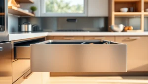 Showcasing a high-quality metal drawer system in a modern kitchen environment.