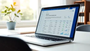 Using a plagiarism checker tool on a sleek laptop in a modern workspace.