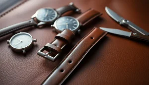 Showcasing a 20mm leather watch strap on a brown backdrop, emphasizing its quality and craftsmanship.