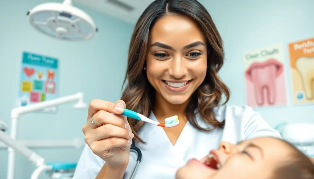 Showcasing proper hygiene practices by a dental hygienist during a patient consultation.