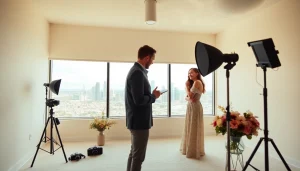 Taking photographs of a couple in front of Edmonton's skyline at a professional photography company edmonton.