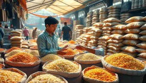 Meet professional rice buyers in a vibrant market, showcasing diverse rice varieties and engaging discussions.