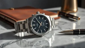 Präsentieren Sie Herren Armbanduhr, elegant vor einem stilvollen Notizbuch und Füllfederhalter auf einem Schreibtisch.