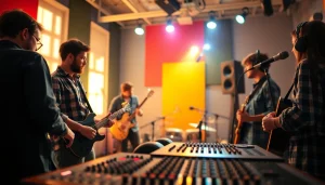 Engaging musicians utilizing music promotion services in a vibrant studio setting.