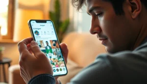 Engaged user views Instagram stories on a smartphone in a cozy setting.