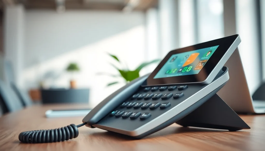 Showcasing an IP Phone with a sleek design, emphasizing its modern features in a professional office setting.