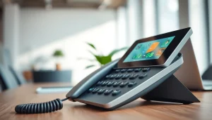 Showcasing an IP Phone with a sleek design, emphasizing its modern features in a professional office setting.