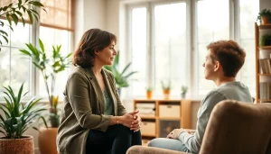 Attachment theory specialist facilitating a conversation with a client in a calming therapy office.