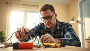 Electrician Clearwater fixing wiring in a modern home, surrounded by tools and natural light.