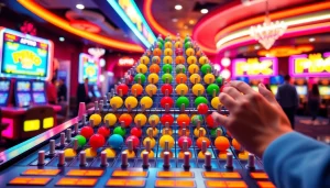 Memenangkan plinko slot dalam suasana kasino yang cerah dan berwarna-warni, dengan bola yang meluncur.