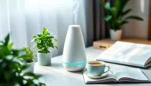 Enhance your space with a USB Air Humidifier Diffuser emitting soothing mist amidst greenery.