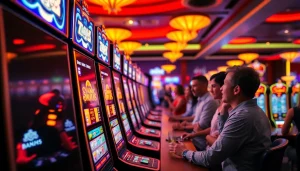 Permainan slot yang menarik dengan lampu berwarna-warni dan pemain antusias bermain game slot