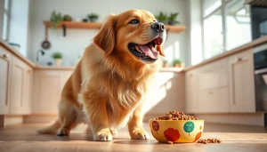 Golden retriever enjoying badlands ranch dog food in a bright kitchen.