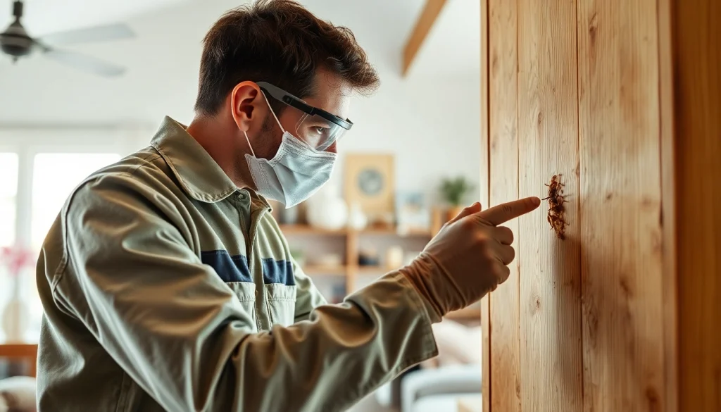 Inspecting for termite treatments in a wooden structure by a professional technician.