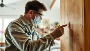 Inspecting for termite treatments in a wooden structure by a professional technician.