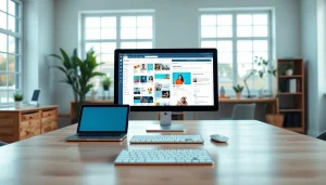 Streamlined social media and blog automation tools displayed on a professional desk setup.