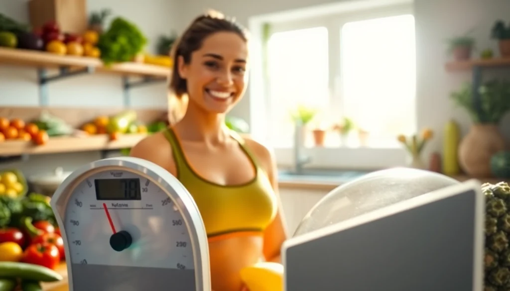 Abnehmen durch gesunde Ernährung und Fitness, motivierte Person auf der Waage.