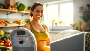 Abnehmen durch gesunde Ernährung und Fitness, motivierte Person auf der Waage.