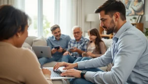 Residential IT support technician helping a family with home computer issues in a cozy living room.