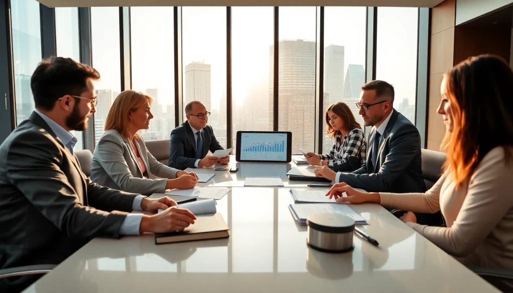 Government officials collaborating in a modern conference room with data presentations.