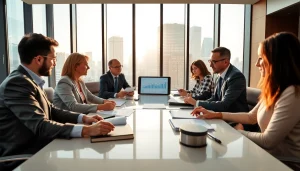 Government officials collaborating in a modern conference room with data presentations.