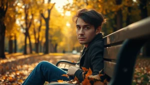 Person reflecting on dealing with depression amidst autumn leaves in a serene park setting.