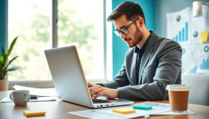 Marketer using ClickFunnels 2.0 in a modern office space, highlighted by digital tools.