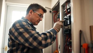 Electrician Clearwater fixing an electrical panel with precision in a residential setting.