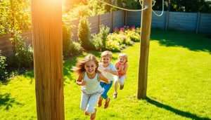 Children enjoying a GARDEN ZIP WIRE KIT in a lively backyard with vibrant flowers.
