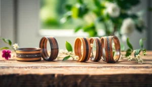 Showcase of unique Wooden Wedding Rings with floral accents on rustic table.