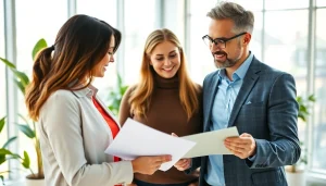 Buy my property fast by a professional agent showing a couple the selling process in a bright office.
