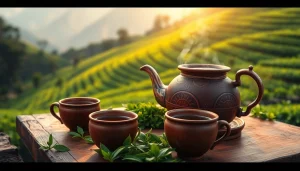 Nepali tea brewing in a traditional pot with Himalayan backdrop, showcasing its rich amber color.