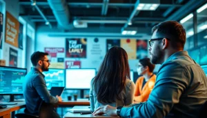 Site reliability engineering experts collaborating in a vibrant tech workspace, showcasing teamwork and performance metrics.