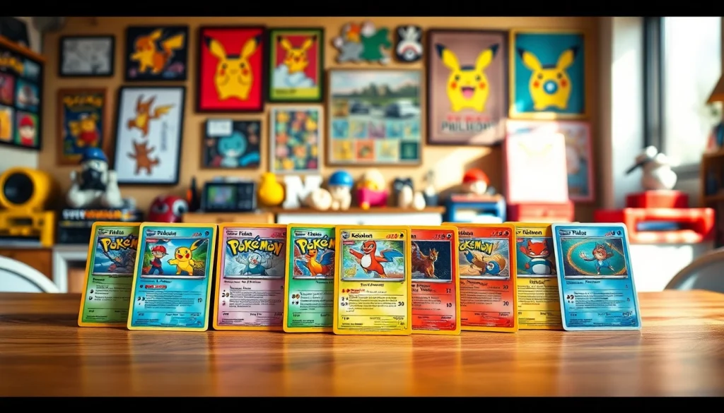 Browse a variety of Pokémon cards india displayed on a wooden tabletop in a cozy game room setting.