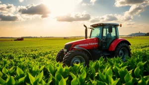 Massey Ferguson Traktor arbeitet in einem üppigen Feld mit goldenem Sonnenlicht.
