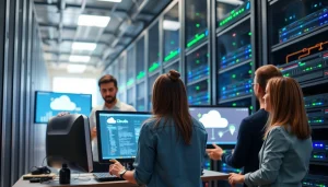 Collaborative team showcasing cloud infrastructure and DevOps services in a modern data center.