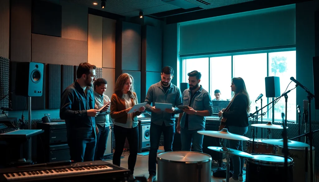 Engaging artists collaborating on spotify promotion strategies in a vibrant studio.