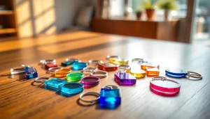 Showcasing a vibrant acrylic keychain custom design with unique shapes and colors on display.