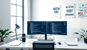 Engaging scene showcasing web development workspace with dual monitors and creative setup.