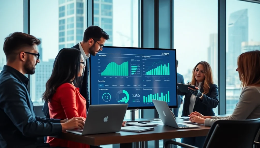 Analyze competitive intelligence data with a professional team in a modern office setting.