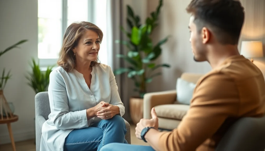 Counselling session with a therapist supporting a client in a calming office environment.