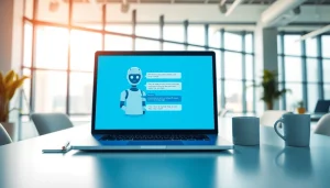 Engaging AI chat bot interface on a sleek office desk, showcasing modern technology.
